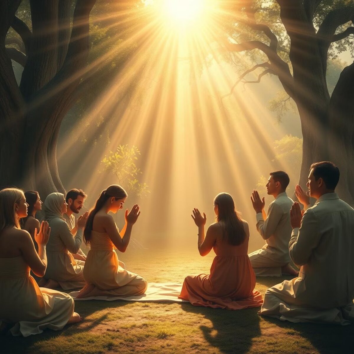 Ceremony circle bathed in forest sunlight